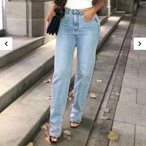 Blue denim extra long straight leg jeans